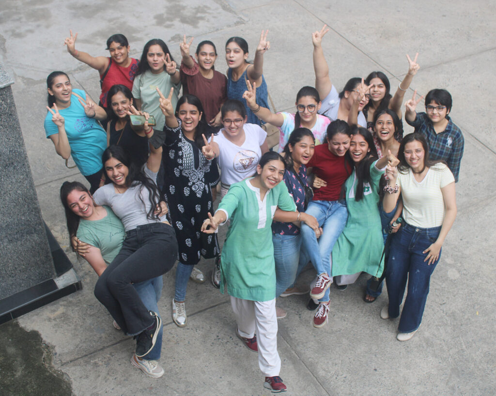 Students of class 12th celebrating their CBSE results at St Thomas girls School in New Delhi on Friday